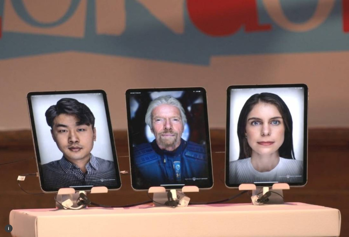 New artificial intelligence avatars of Sir Richard Branson and two activists, Laura Ulloa and Geum Hyok Kim, interact at the One Young World Conference in London on 25 October, 2019.