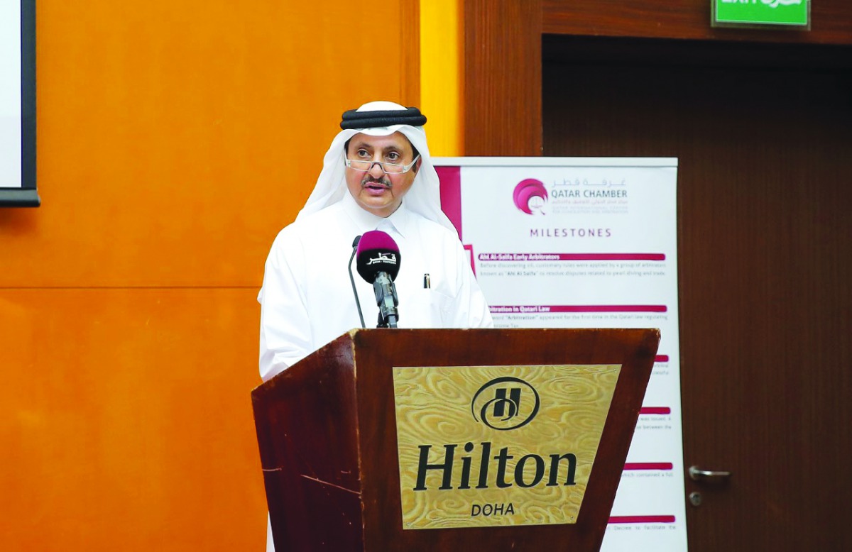 Qatar Chamber Chairman Sheikh Khalifa bin Jassim Al Thani, speaking during the opening session of the symposium on local and international arbitration at the Hilton Doha Hotel yesterday. 