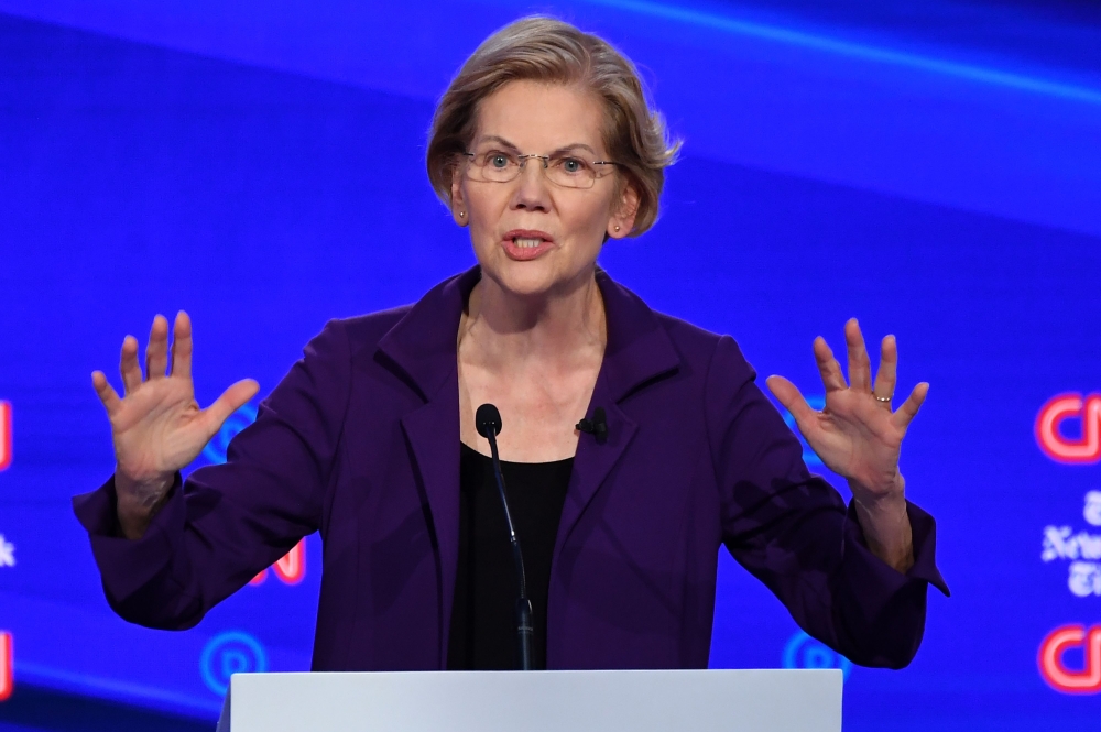 Elizabeth Warren speaks at fourth Democratic primary debate of the 2020 presidential campaign season co-hosted by The New York Times and CNN at Otterbein University in Westerville, Ohio, October 15, 2019.  AFP / Saul Loeb