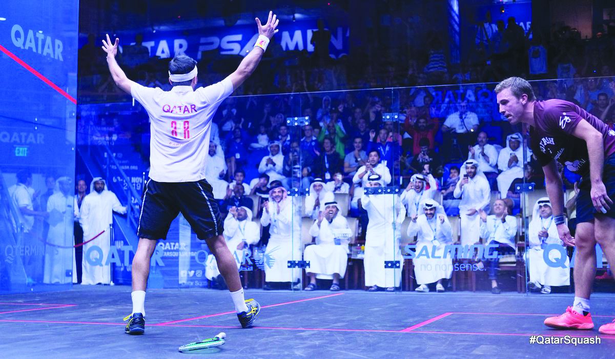 Qatar’s Abdullah Al Tamimi celebrated after defeating World No.28 Mathieu Castagnet during the PSA World Championship at the Khalifa International Tennis and Squash Complex, yesterday.