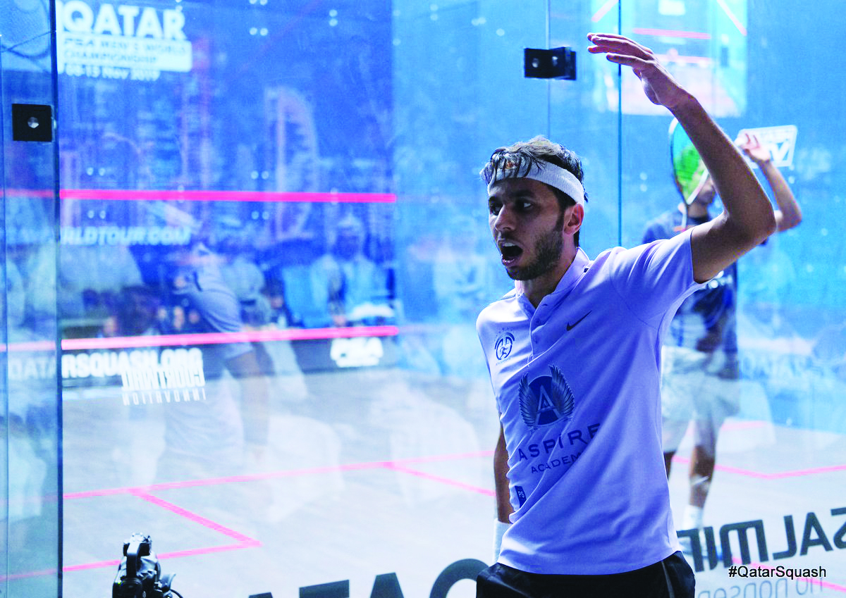 Qatar’s Abdulla Al Tamimi reacts during the PSA World Championship in Doha. 