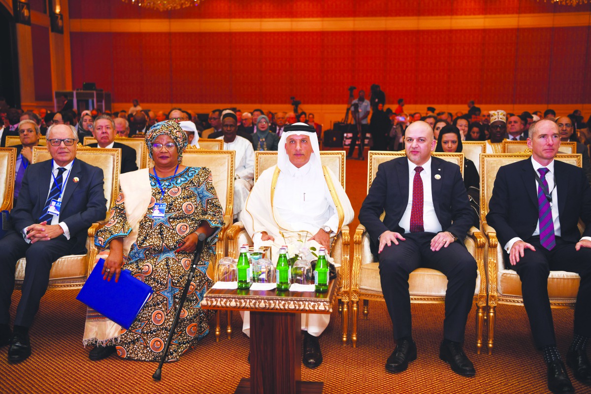 Minister of Finance H E Ali Shareef Al Emadi (centre) and other prominent speakers during the opening session of the 14th Conference on “Enriching the Middle East Economic Future”, yesterday.