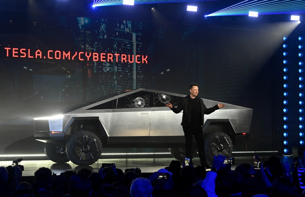 Tesla CEO Elon Musk unveils the Cybertruck at the TeslaDesign Studio in Hawthorne, Calif. The cracked window glass occurred during a demonstration on the strength of the glass. Nov 21, 2019. Robert Hanashiro-USA TODAY