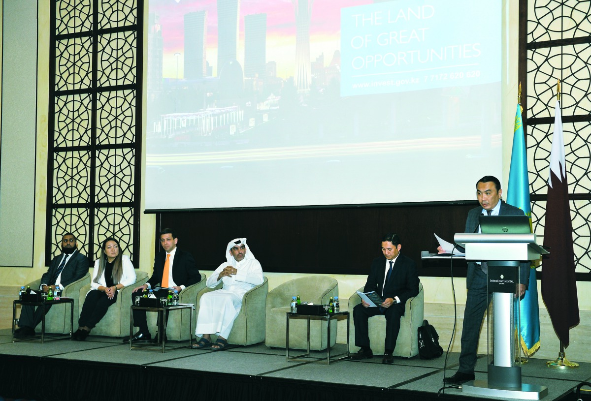 The Ambassador of Kazakhstan to Qatar, Askar Shokybayev, delivering the opening speech at the investment seminar ‘Kazkhstan as an attractive economy and investment destination’ held at  InterContinental Hotel in Doha yesterday. Others seated from left are