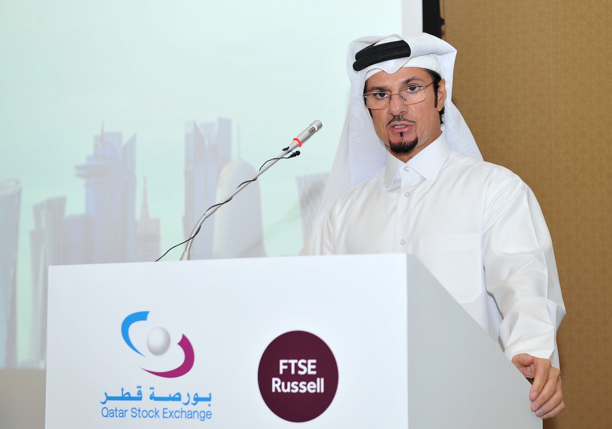 Hussain Al Abdulla, Director, Marketing and Communication, Qatar Stock Exchange (QSE), addressing the Smart Sustainability Forum organised by QSE and FTSE Russell at the Al Wadi Hotel, Msheireb in Doha yesterday. Pic: Salim Matramkot/The Peninsula
