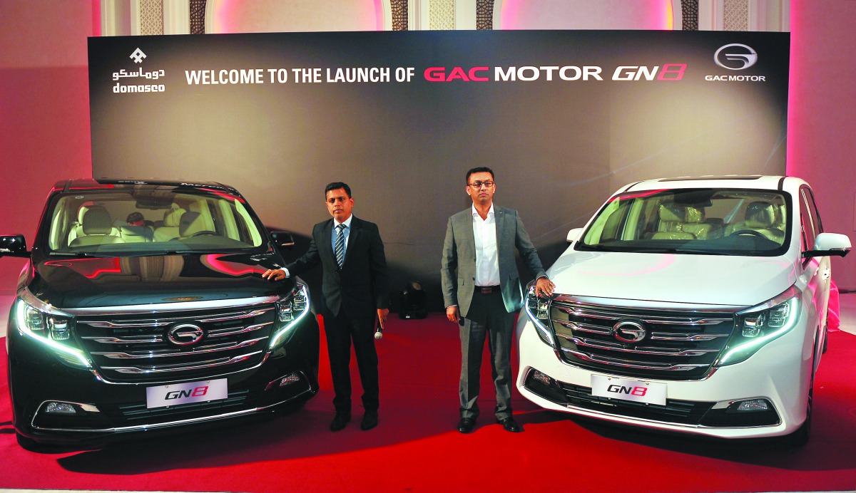 Faisal Sharif (right) Managing Director of Domasco, and Mohammed Abdul Majeed, Head of Sales and Marketing, GAC Motors, at the launch of GAC Motors GN8 in Doha on Monday. 
Pic: Abdul Basit/the peninsula