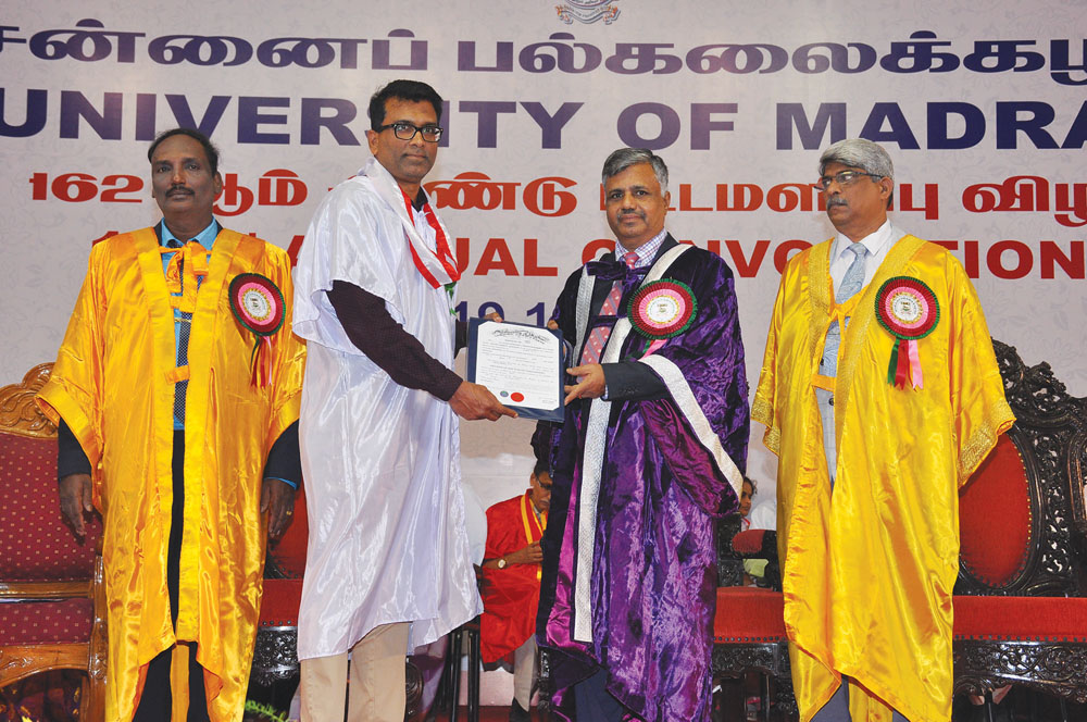 Dr. Taj Aluva (second left) receiving his PhD certificate from Dr. P Duraisamy, Vice-Chancellor, University of Madras, at the convocation ceremony held recently in Chennai, India.