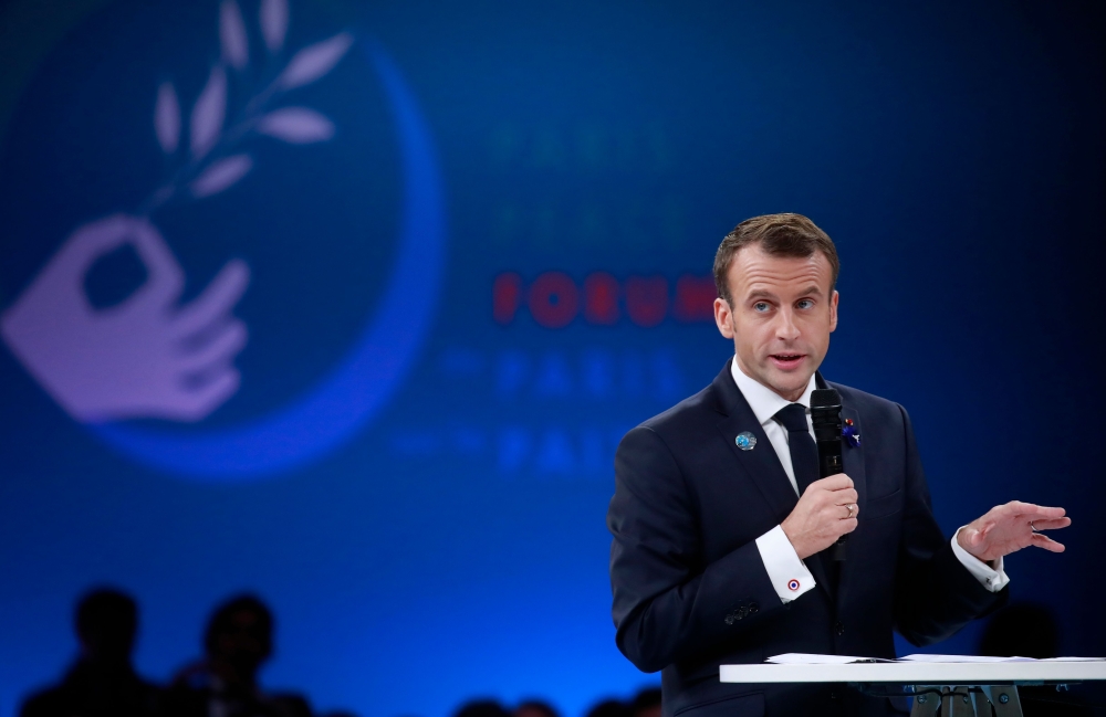 Emmanuel Macron delivers a speech at the opening session of the Paris Peace Forum as part of the commemoration ceremony for Armistice Day, November 11, 2018. AFP / Gonzalo Fuentes