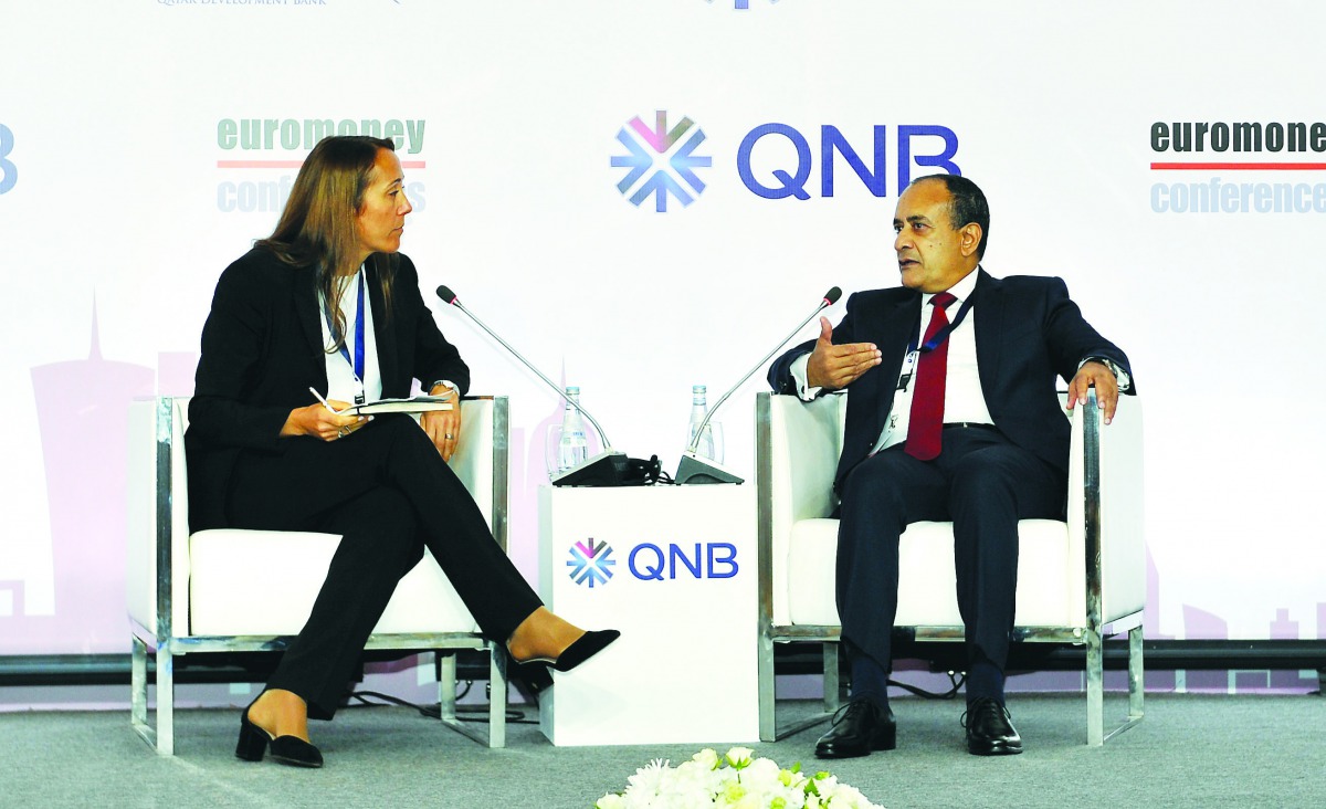 Joseph Abraham (right), Group CEO, Commercial Bank; and Victoria Behn, Director, Middle East and Africa, Euromoney Conferences, during the keynote interview held on the opening day of Euromoney Qatar Conference at St Regis Hotel in Doha, yesterday. Pic: S