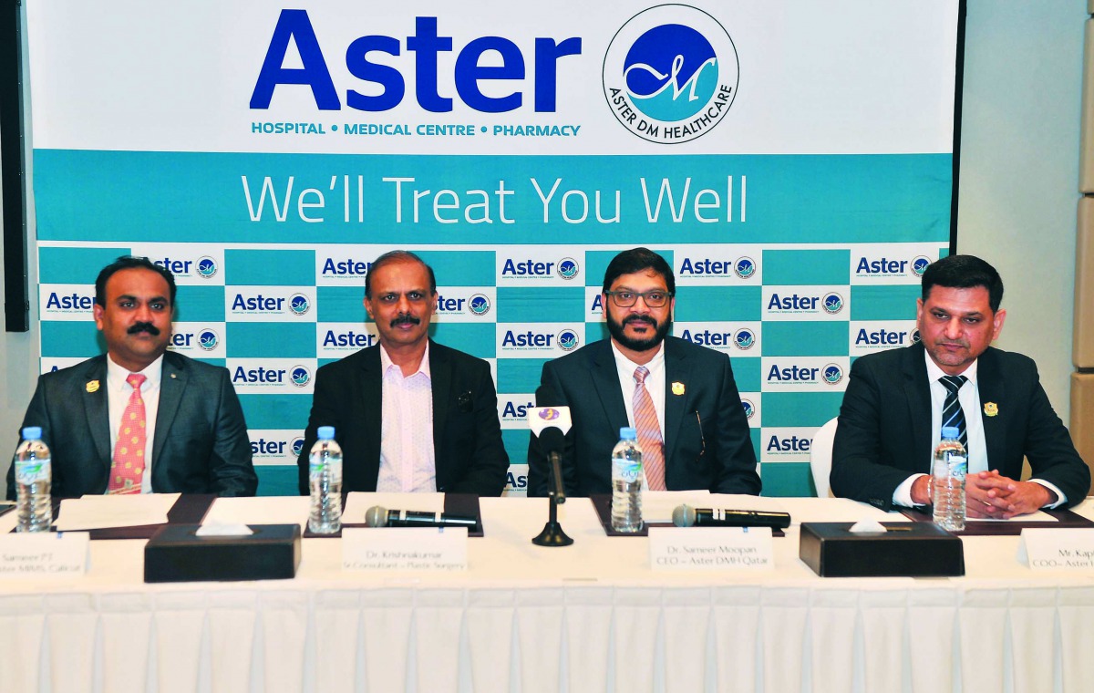 from left: Sameer P T, COO, Aster MIMS Calicut; Dr Krishnakumar, Senior Consultant of Plastic Surgery; Dr Sameer Moopan, CEO, Aster DMH Qatar; and Kapil Chib, COO, Aster Hospital Doha,   during a press conference by Aster Hospital held at Oryx Rotana yest
