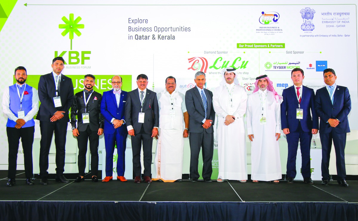 Qatari officials, EP Jayarajan, Minister for Industries, Kerala; P Kumaran, Indian Ambassador to Qatar; Dr. R Seetharaman, CEO, Doha Bank; and KBF office-bearers on the sidelines of the event.