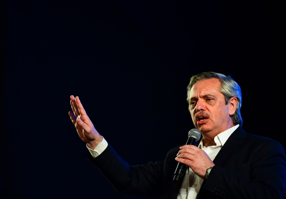 Argentina President Alberto Fernandez delivers a speech to supporters at the party headquarters in Buenos Aires, on October 27, 2019. AFP / Ronaldo Schemidt