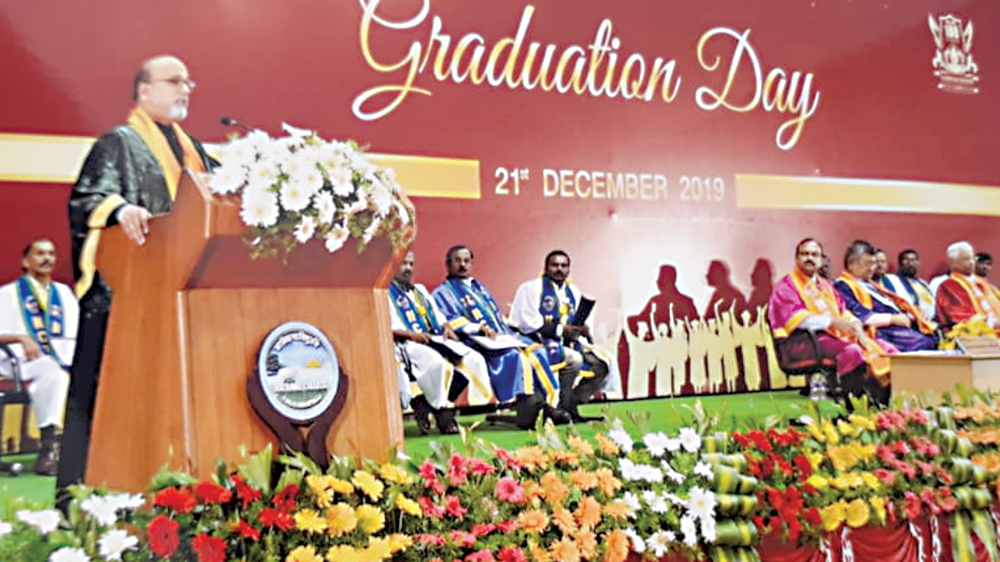 Doha Bank CEO Dr R Seetharaman addressing a convocation ceremony at the National College in Trichy, India.