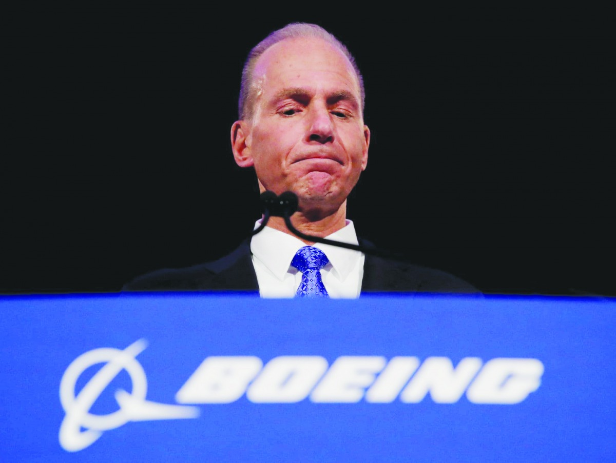 Dennis Muilenburg pauses while speaking during a news conference at the annual shareholder meeting in Chicago, Illinois, April 29, 2019. Jim Young/Pool via Reuters