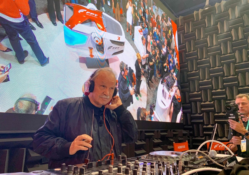 Italian composer Giorgio Moroder unveils his new sound designed for FPT power trains during the 2020 Consumer Electronics Show (CES) in Las Vegas, Nevada on January 8, 2020. AFP / Julie Jammot 