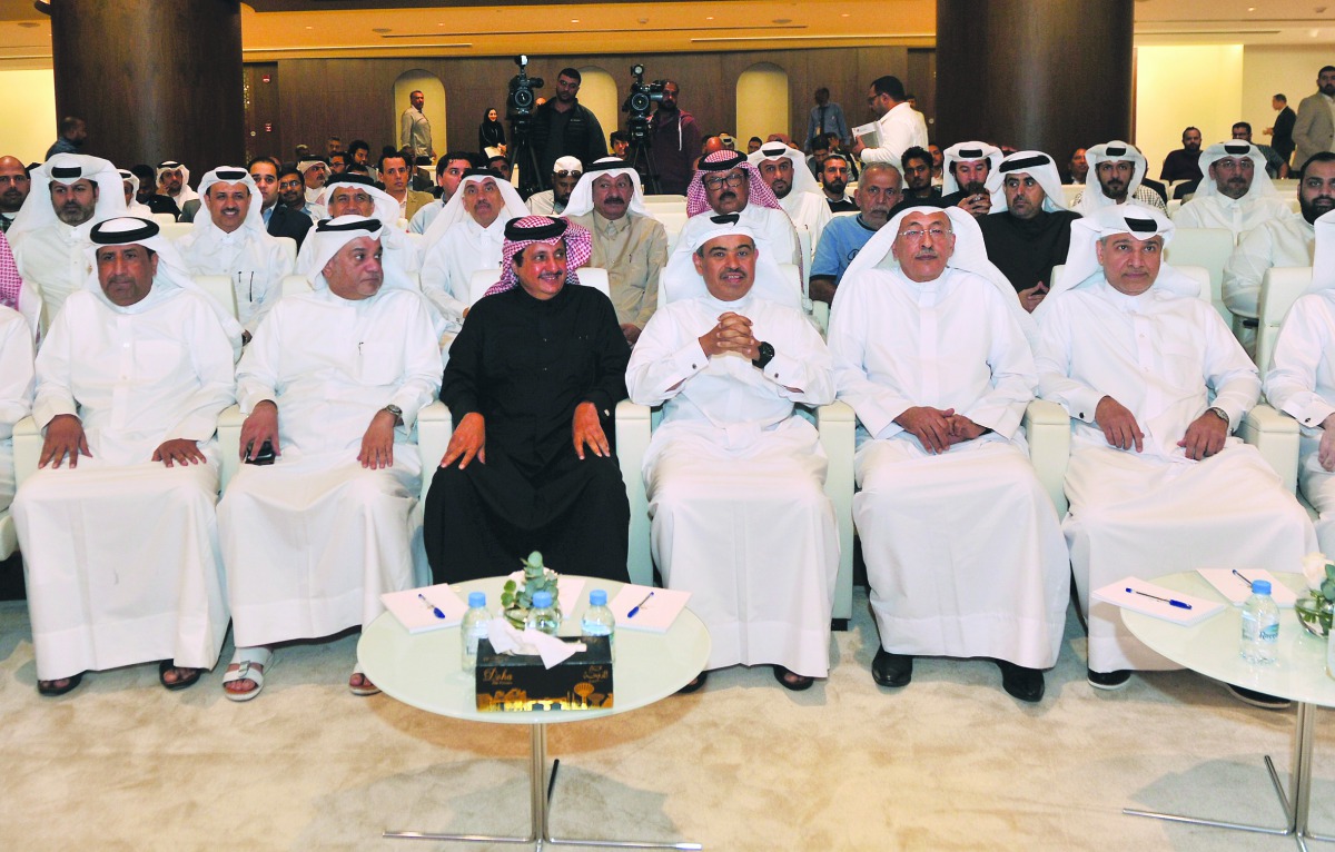 Minister of Commerce and Industry H E Ali bin Ahmed Al Kuwari (third right), Qatar Chamber Chairman Sheikh Khalifa bin Jassim Al Thani (third left), with other officials, during a press conference at the Ministry of Commerce and Industry headquarters in L