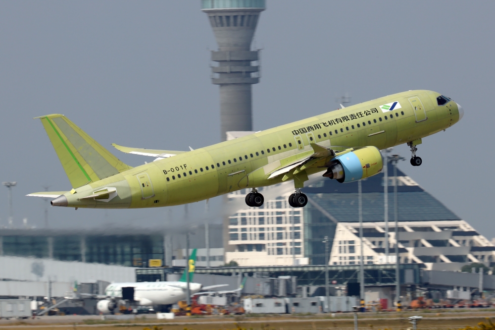 The fifth prototype of China's home-built C919 passenger plane takes off for its first test flight from Shanghai Pudong International Airport in Shanghai, China October 24, 2019. Reuters