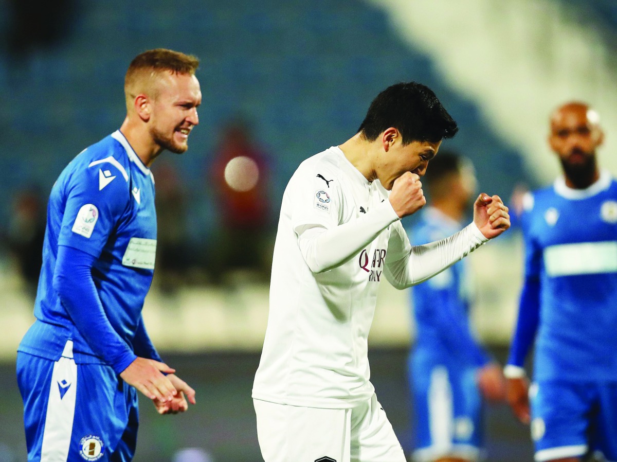 Nam Tae Hee (right) of Al Sadd celebrates scoring a goal against Al Khor during their QNB Stars League match at Al Khor Stadium yesterday.