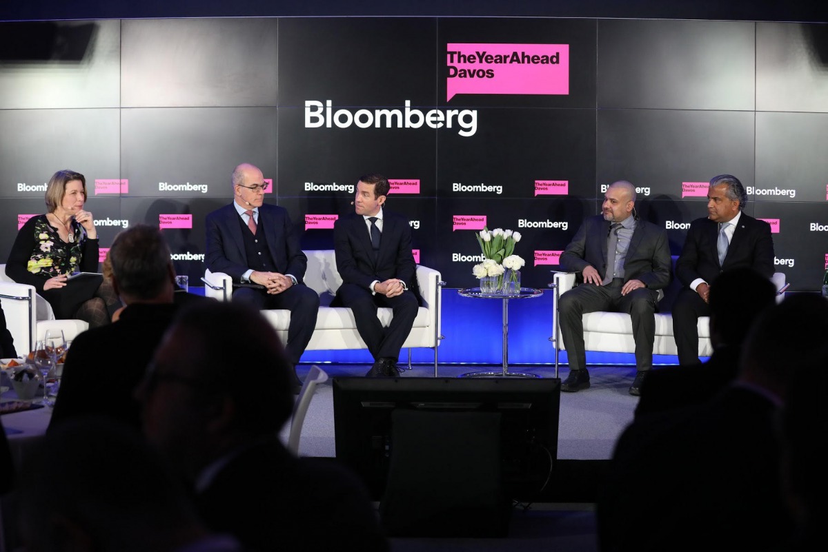 FROM LEFT: Stephanie Flanders, Claudio Facchin, Lex Greensill, Yousuf Mohamed Al Jaida and Dev Sanyal during the panel discussion held on the sidelines of the World Economic Forum’s Annual Meeting in Davos, Switzerland.