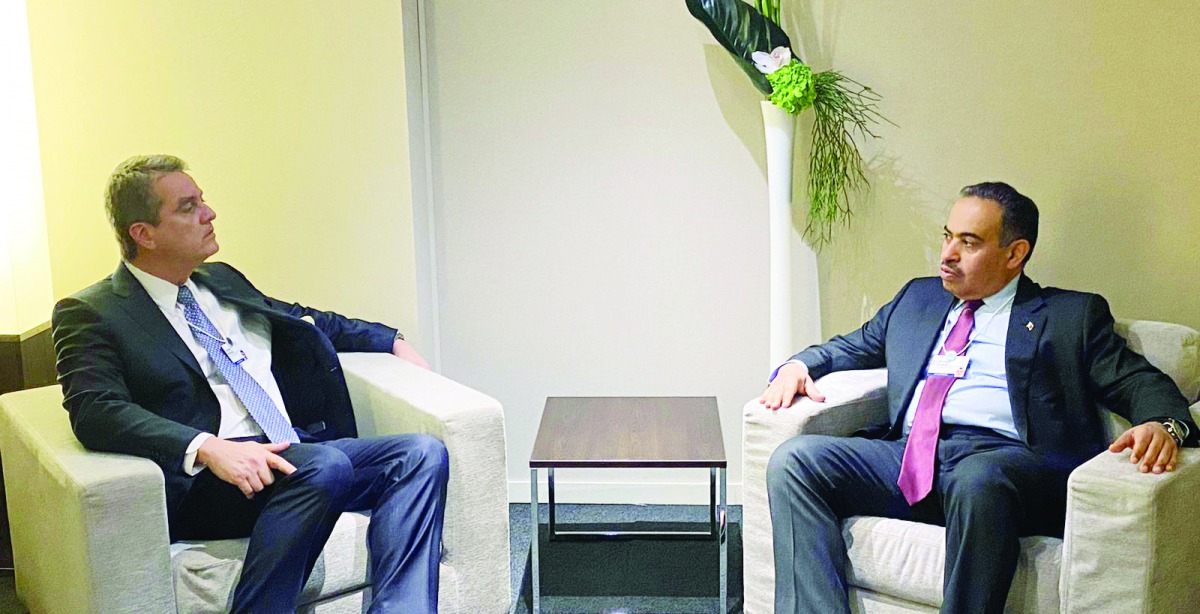 The Minister of Commerce and Industry, H E Ali bin Ahmed Al Kuwari (right), during a meeting with the World Trade Organization Director-General Roberto Azevedo on the sidelines of the World Economic Forum in Davos, Switzerland on Wednesday. The Minister a