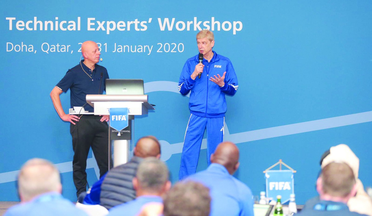 Former Arsenal coach Arsene Wenger, delivering a talk during the FIFA workshop for Technical Experts in Doha yesterday. 