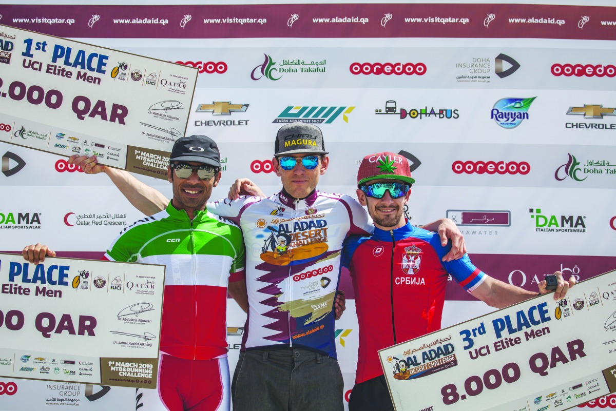 A file picture of the Elite Athletes finishing on the podium at the Al Adaid Desert Challenge. 