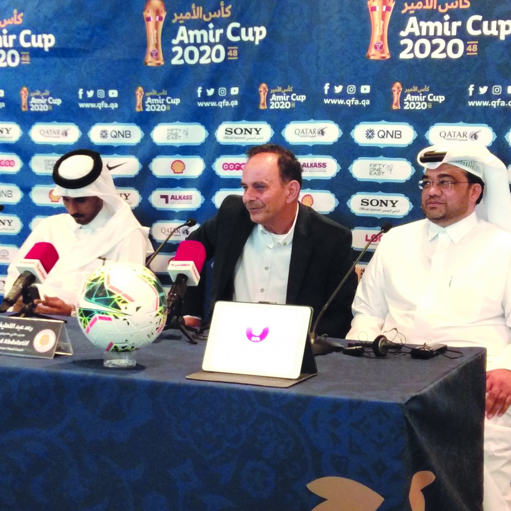 Mesaimeer coach Raad Abullatif (centre) during a press conference. Pictures: Armstrong Vas 