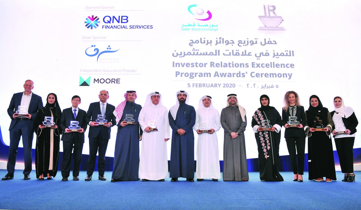 Qatar Stock Exchange CEO, Rashid bin Ali Al Mansoori (centre), with the award winners during the Investor Relations Excellence Programme Awards Ceremony held at Ritz-Carlton Hotel in Doha on Wednesday. Pic: Baher Amin/The Peninsula