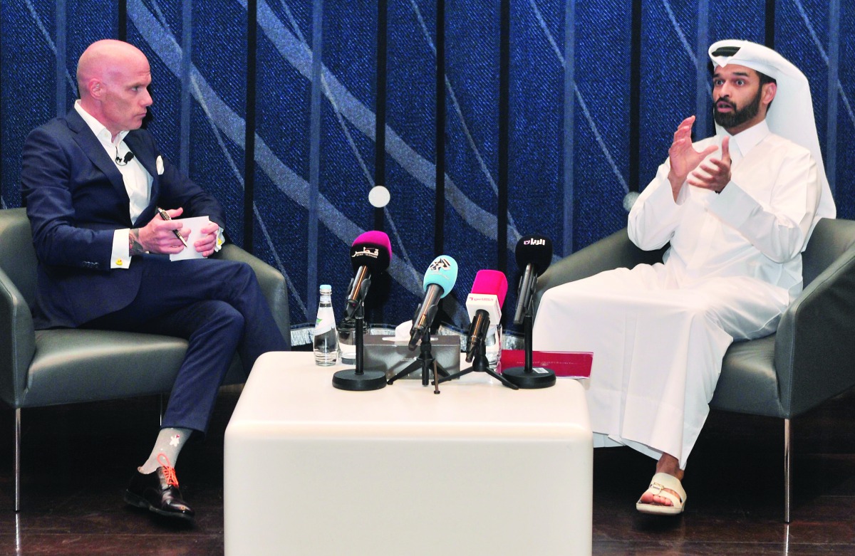 The Secretary-General of the Supreme Committee for Delivery and Legacy, Hassan Al Thawadi (right), during the Education City Speaker Series held at Qatar National Library yesterday. 
Pic: Baher Amin/The Peninsula