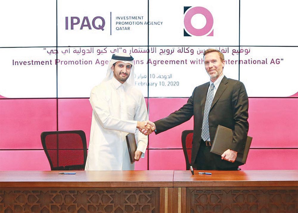 Investment Promotion Agency’s CEO Sheikh Ali Alwaleed Al Thani (left) and iQ’s Director of Operations, Nick Crawley, during the signing ceremony held at the Ministry of Commerce and Industry. 