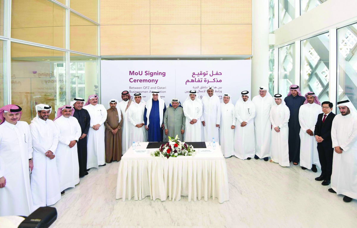 H E Ahmad bin Mohammed Al Sayed, Minister of State and Chairman of Qatar Free Zones Authority; Sheikh Faisal bin Qasim Al Thani,  Chairman of Qatar Businessmen Association (QBA), Hussein Al Fardan, First Deputy to the QBA Chairman, with other prominent Qa