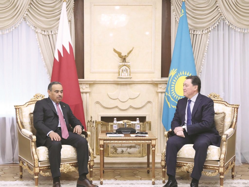 Prime Minister of Kazakhstan, H E Askar Mamin, and H E Ali bin Ahmed Al Kuwari (left), Minister of Commerce and Industry, holding discussions on the sidelines of the fifth session of the Qatari-Kazakh Joint Higher Committee held in Nur Sultan.