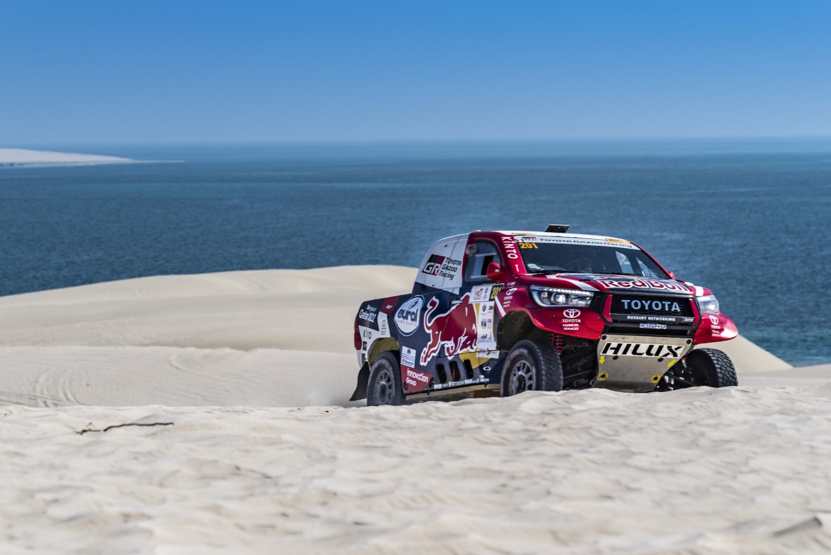 Nasser Saleh Al Attiyah and French navigator Matthieu Baumel in action  in their Toyota Gazoo Hilux yesterday.