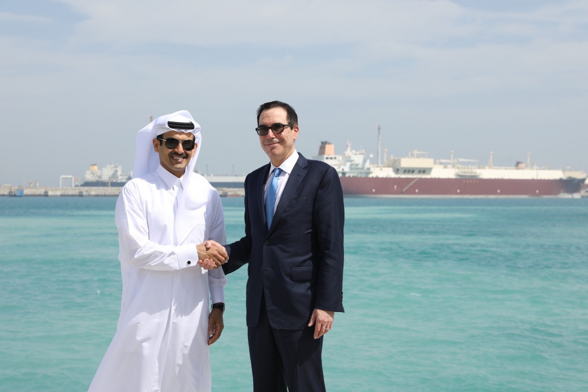 H E Saad bin Sherida Al Kaabi, the Minister of State for Energy Affairs, and Steven Mnuchin, the US Secretary of the Treasury, during Mnuchin’s visit to Doha.
