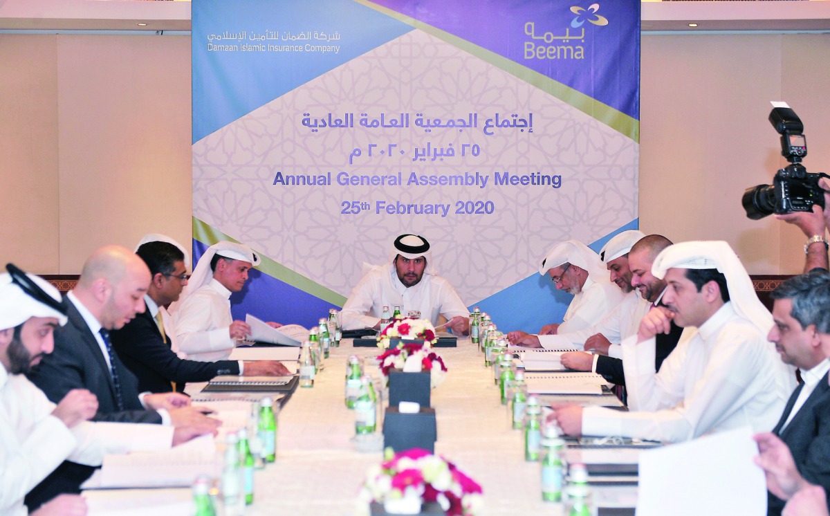 Sheikh Jassim bin Hamad bin Jassim bin Jaber Al Thani (centre), Chairman of Beema; Abdulatif Abdullah Al Mahmoud, Deputy-Chairman, and other Board members, during the Annual General Assembly Meeting of Beema held at Grand Hyatt Hotel, yesterday. Pic: Bahe