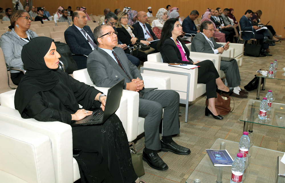 FROM LEFT: Munira Al Subaie, Assistant Dean for Students Affairs at College of Arts and Science at QU; Dr. Kamal Hamidou, Head of the Department of Mass Communication at QU; and Solmaz Sharifi, Cultural Attaché at the US Embassy in Qatar during a session 