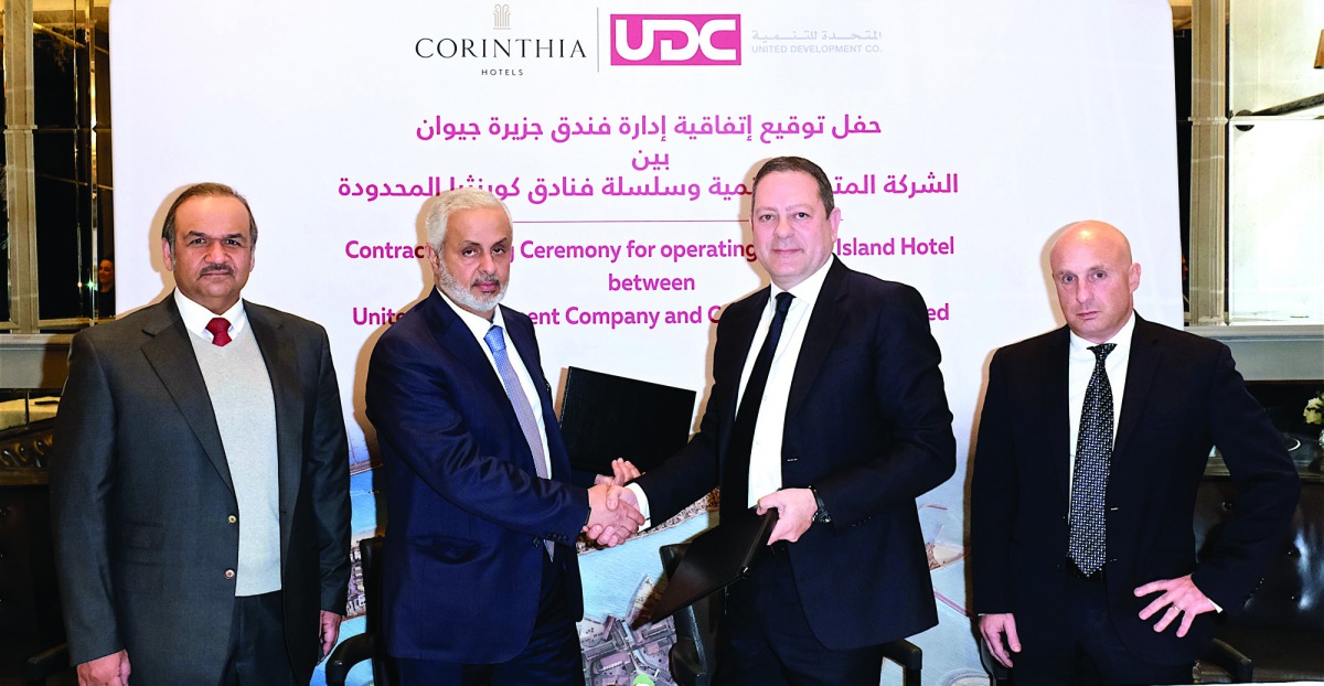 UDC Chairman Turki bin Mohammed Al Khater (second left), shaking hands with Simon Naudi, CEO of Corinthia Hotels Limited (CHL), after signing the agreement at Corinthia London, in the UK, on February 27. Ibrahim Jassim Al Othman (left), President, CEO and