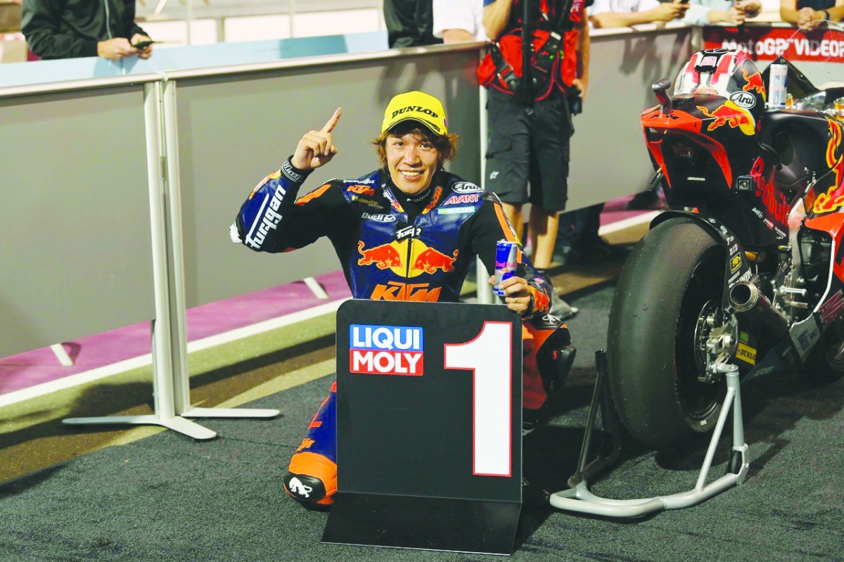 : Japanese rider Tetsuta Nagashima of Red Bull KTM Ajo celebrates after winning the Moto2 race of the Grand Prix of Qatar 2020.