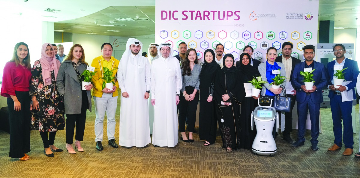 The senior officials from the Ministry of Transport and Communications; Digital Incubation Center, and other officials, with the 27 graduating digital startup companies at a ceremony in Doha recently.