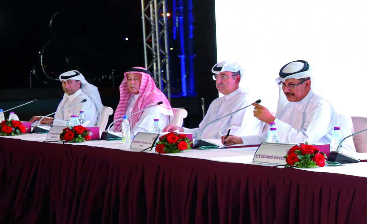 Commercial Bank Chairman Sheikh Abdulla bin Ali bin Jabor Al Thani (right); Vice-Chairman of Commercial Bank, Hussain Alfardan (second left) and other Board members during the  Ordinary General Assembly Meeting of the bank, yesterday.