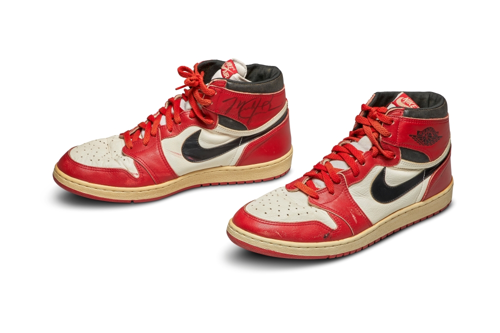 A pair of 1985 Nike Air Jordan 1s, made for and worn by U.S. basketball player Michael Jordan, are seen in an undated handout photo ahead of an online auction by Sotheby's New York. Sotheby's/Handout via Reuters