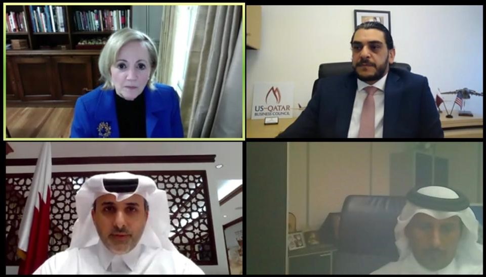 The Minister of Municipality and Environment H E Engr. Abdullah bin Abdulaziz bin Turki Al Subaie (below left) and other dignitaries, including Ambassador Anne Patterson (above left), President of the US-Qatar Business Council, during the webinar, yesterd