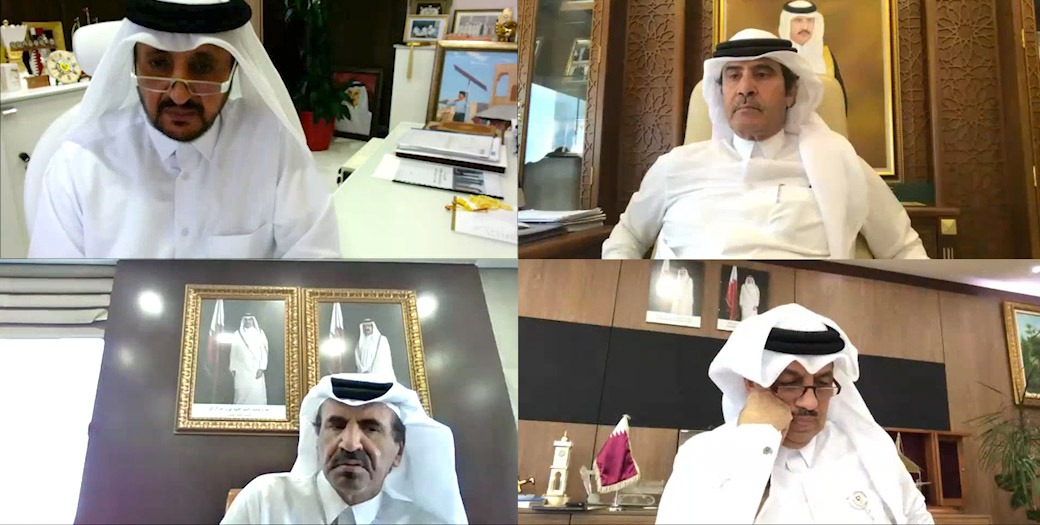 A screen grab of Qatar Chamber board members, senior officials and prominent Qatari businessmen who participated at the Chamber's general assembly held yesterday through a video conference.