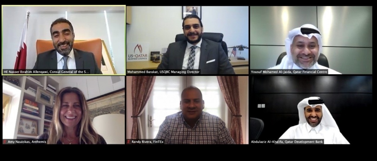 A screen grab of senior diplomats and officials participating in a virtual panel discussion on “Qatar’s Growing FinTech Sector & Business Opportunities” hosted by USQBC, yesterday. 
