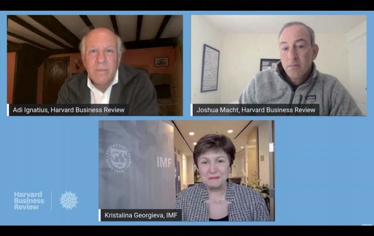 Kristalina Georgieva, Managing Director of the International Monetary Fund (IMF), with Adi Ignatius and Joshua Macht from the Harvard Business Review (HBR), during a live HBR event sponsored by the Qatar Foundation.