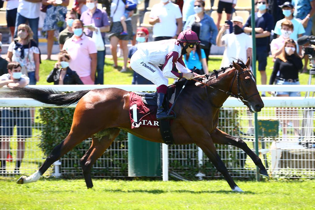 Sheail bin Khalifa Al Kuwari's Saqr, ridden by Vincent Cheminaud, on his way to win the Qatar Prix des Yearlings at the Qatar Prix Jean Prat at Deauville-La Touques Racecourse in Deauville, France, yesterday. 