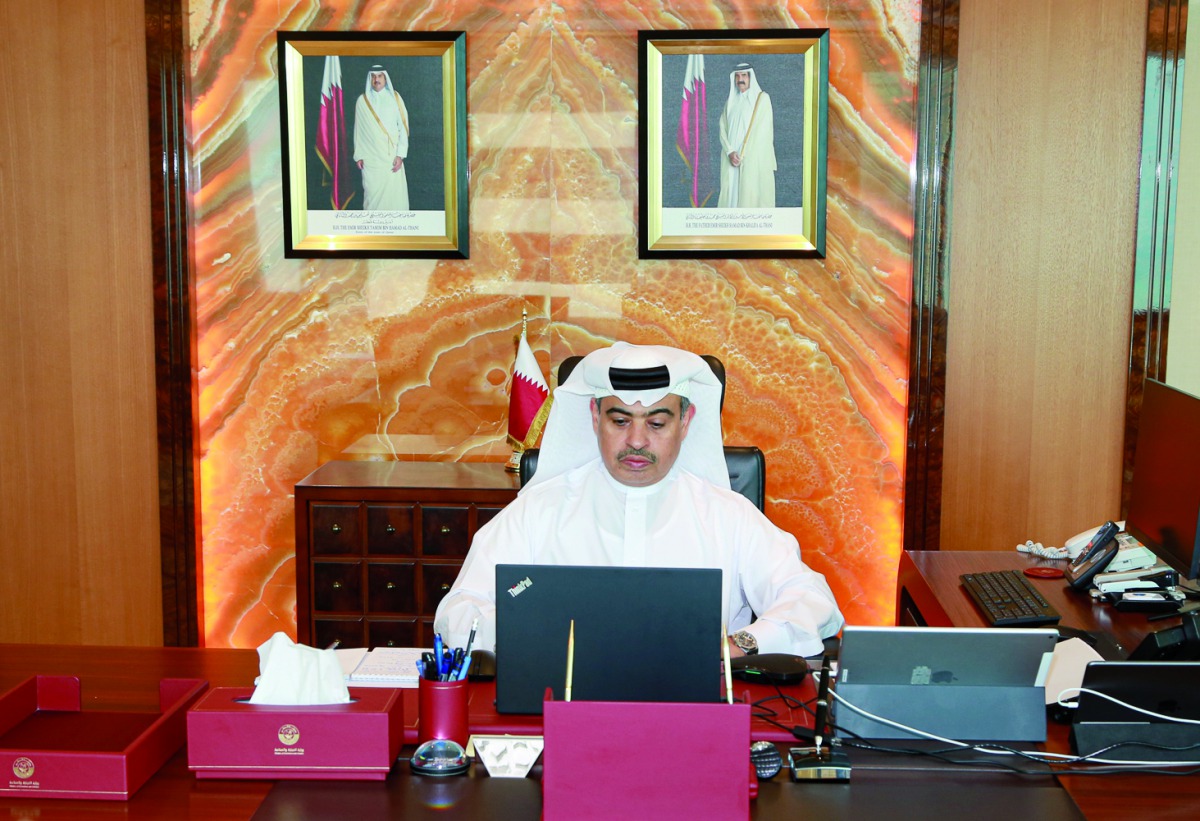 H E Ali bin Ahmed Al Kuwari, Minister of Commerce and Industry, during the video conference, yesterday.