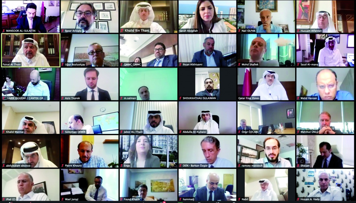 H E Ahmad bin Mohammed Al Sayed (third row from top, second from right), Minister of State and Chairman of the Board of Directors of QFZA and other speakers during the webinar