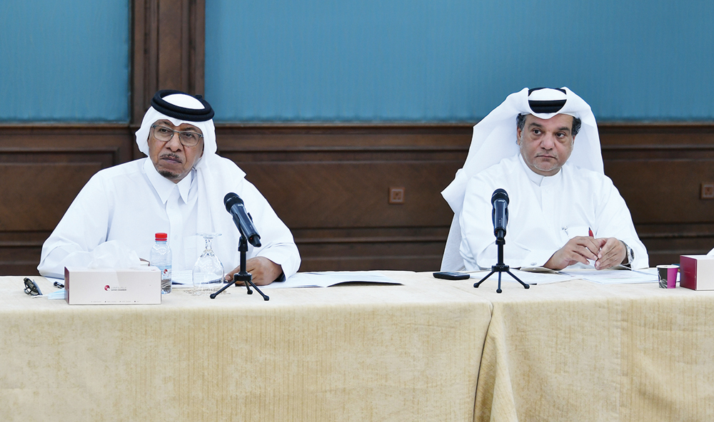 Head of Qatar Chamber’s Food Security and Environment Committee, Mohamed bin Ahmed Al Obaidli (right), with Dr Saif Al Hajari, during a meeting with other members in Doha, recently.  