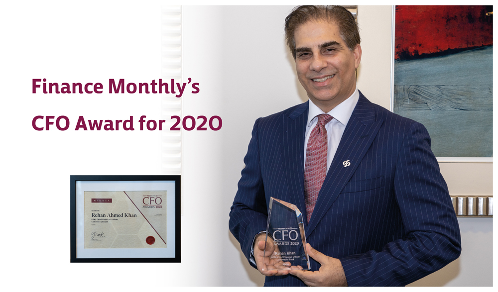 Commercial Bank’s Chief Financial Officer Rehan Khan holding his CFO Award for 2020 from Finance Monthly magazine. 